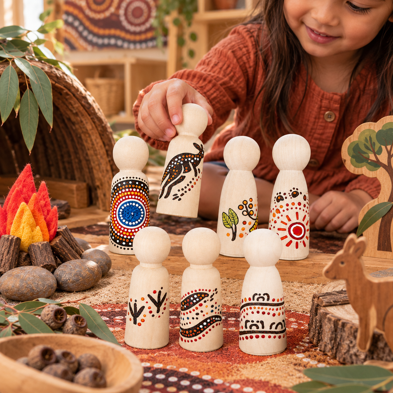 Australian Aboriginal Inspired Wooden Peg Dolls – Set of 7 (Jumbo 12cm)