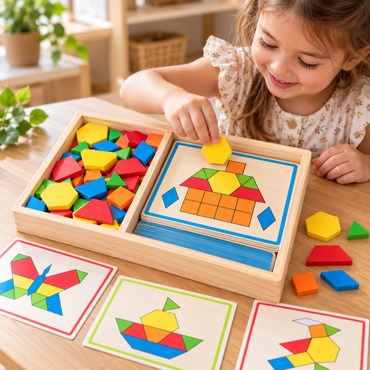 Large Wooden Pattern Blocks  Geometric Shapes Puzzle with Flash Cards - HAPPY GUMNUT