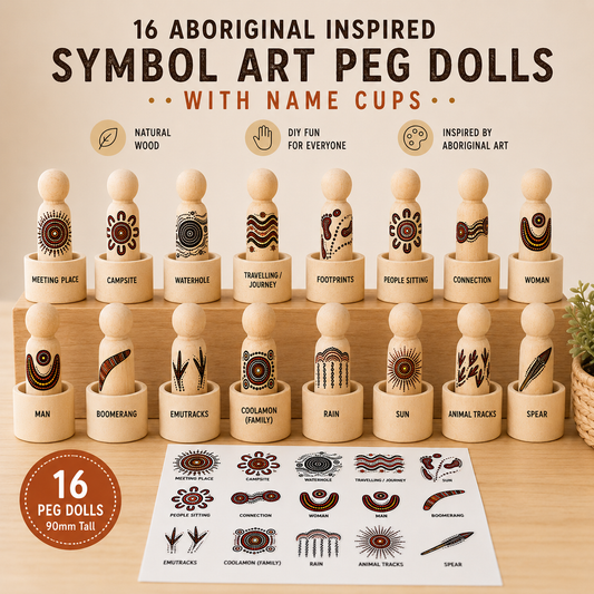 16 Aboriginal Inspired Symbol Art Wooden Peg Dolls with Meaning Cups | DIY Sticker Kit or Pre-Made | 90mm Natural Wooden Peg Dolls | Educational Toy - HAPPY GUMNUT