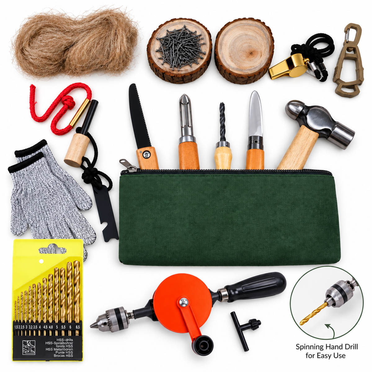 Children’s Bushcraft Woodworking Kids Whittling Knife and Spinning Hand Drill Kit Camping Tool Fire Starter