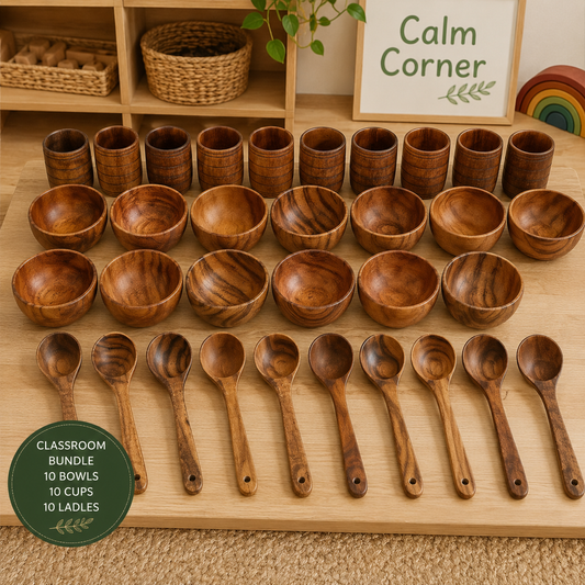 30 Pieces Wooden Bowls Cups and Ladles Kitchen Playset Classroom Bundle