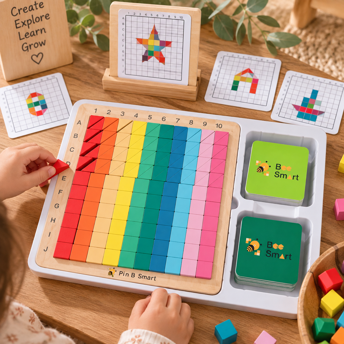 Wooden Mosaic Triangles and Squares Board Geometric Builder with Flash Cards