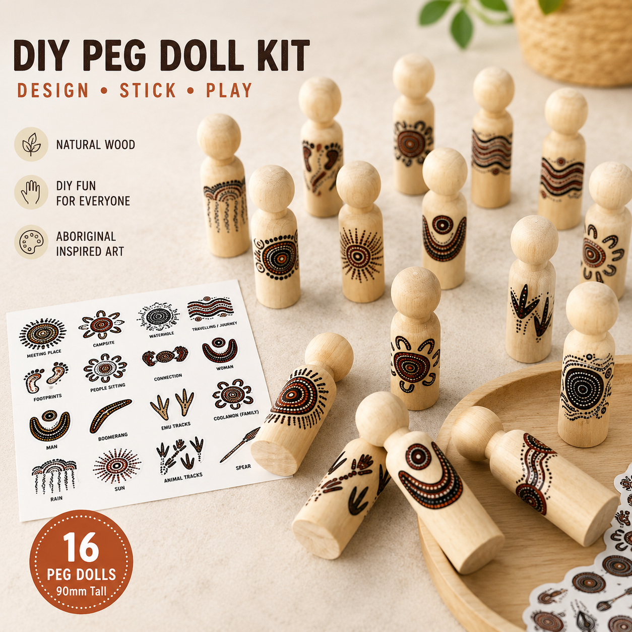16 Aboriginal Inspired Symbol Art Wooden Peg Dolls with Meaning Cups | DIY Sticker Kit or Pre-Made | 90mm Natural Wooden Peg Dolls | Educational Toy