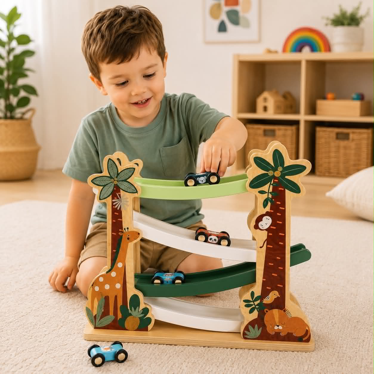 Wooden Zig Zag Car Race Rolling Toy Track Tower Animal Slide Green - HAPPY GUMNUT