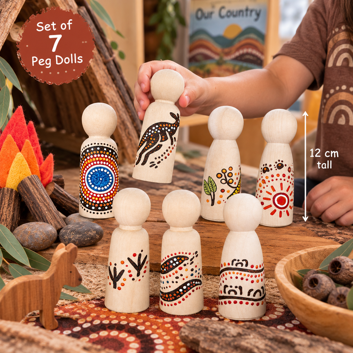 Australian Aboriginal Inspired Wooden Peg Dolls – Set of 7 (Jumbo 12cm)