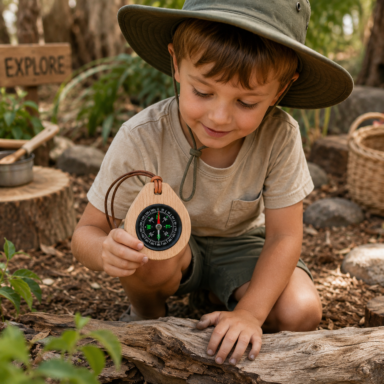Premium Wooden Compass for Kids Camping Little Explorers Boy Scout Outback Tools - HAPPY GUMNUT