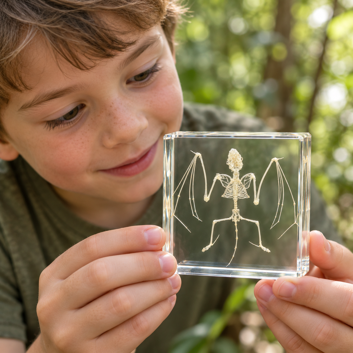 Real Bat Skeleton in Resin Block Bat Animal Bone in Clear Epoxy Kids Educational Science STEM Gift Toy