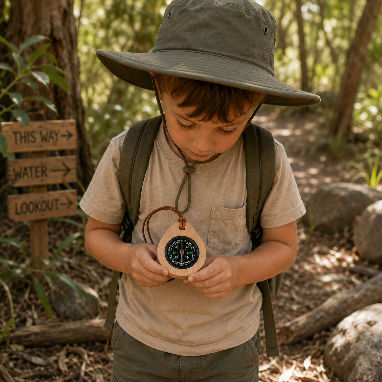 Premium Wooden Compass for Kids Camping Little Explorers Boy Scout Outback Tools - HAPPY GUMNUT