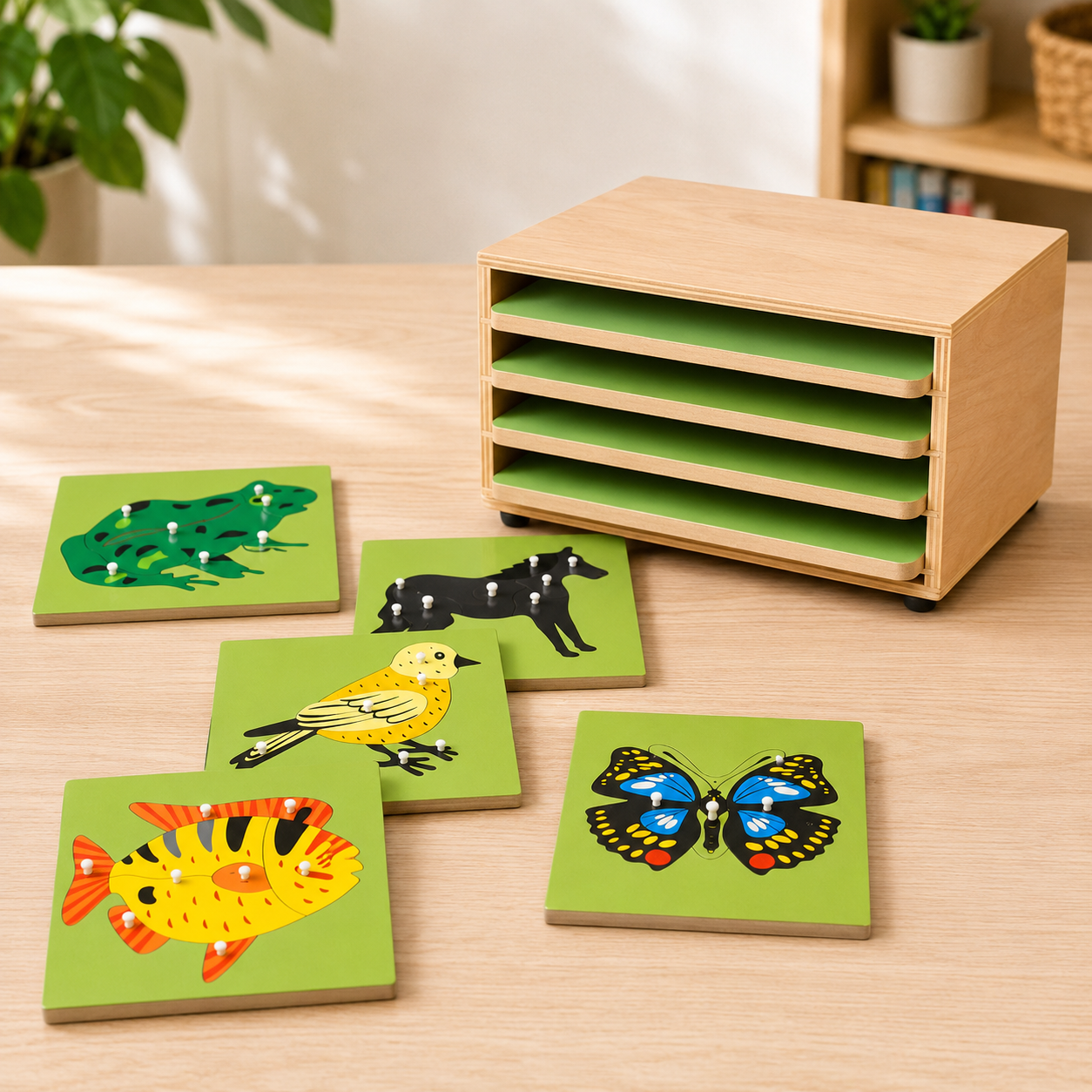 Montessori Animal or Plant Puzzles with Inset Tray Cabinet Montessori Classroom Learning Puzzle Butterfly, Fish, Bird.. - HAPPY GUMNUT