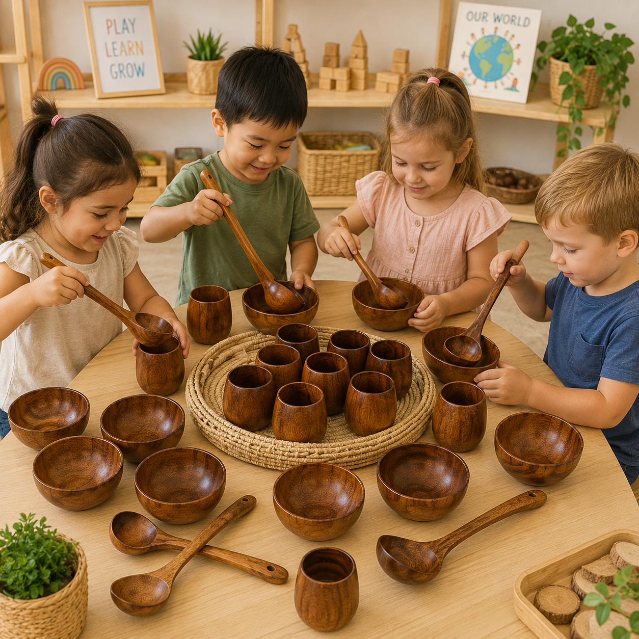 30 Pieces Wooden Bowls Cups and Ladles Kitchen Playset Classroom Bundle - HAPPY GUMNUT