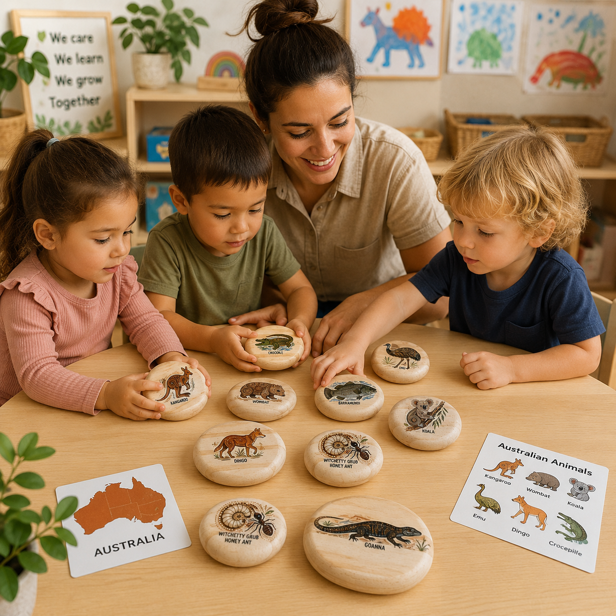 Australian Animals Set of 10 Wooden Pebble Blocks with Aboriginal Inspired Art NAIDOC Week Childcare Learning Materials