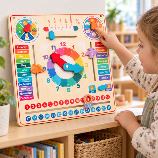 Wooden Calendar, Clock & Weather Learning Board Kids Children Educational Toy - HAPPY GUMNUT
