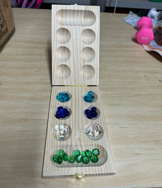 Large Wooden Mancala Portable Family Board Game Marble Pebble Shuffle Swap