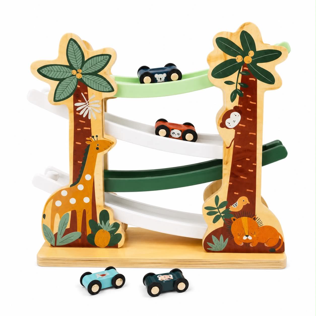 Wooden Zig Zag Car Race Rolling Toy Track Tower Animal Slide Green - HAPPY GUMNUT
