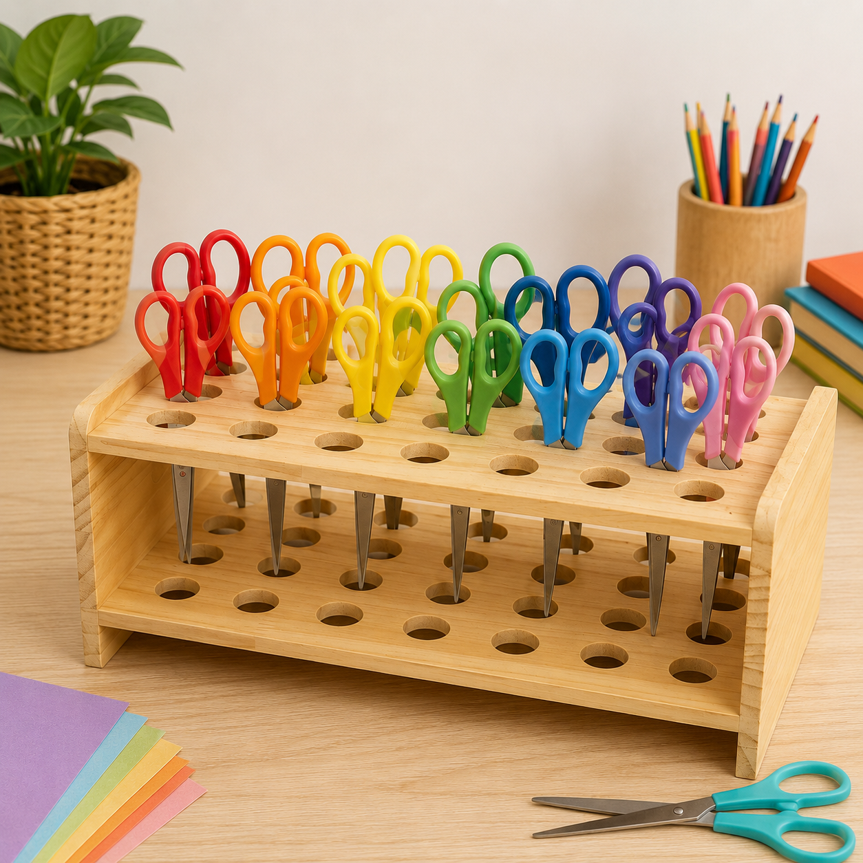 Wooden Scissor Storage Holder Organiser Tray 35 Holes Slot Childcare Supplies - HAPPY GUMNUT