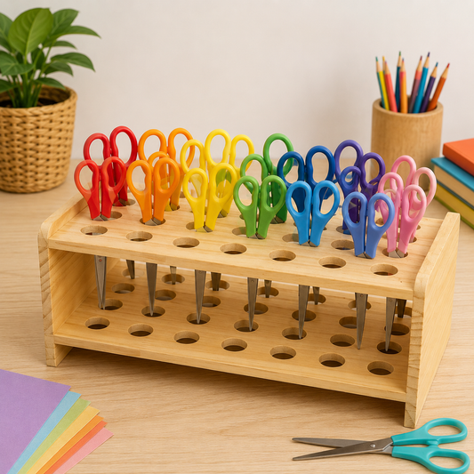 Wooden Scissor Storage Holder Organiser Tray 35 Holes Slot Childcare Supplies - HAPPY GUMNUT