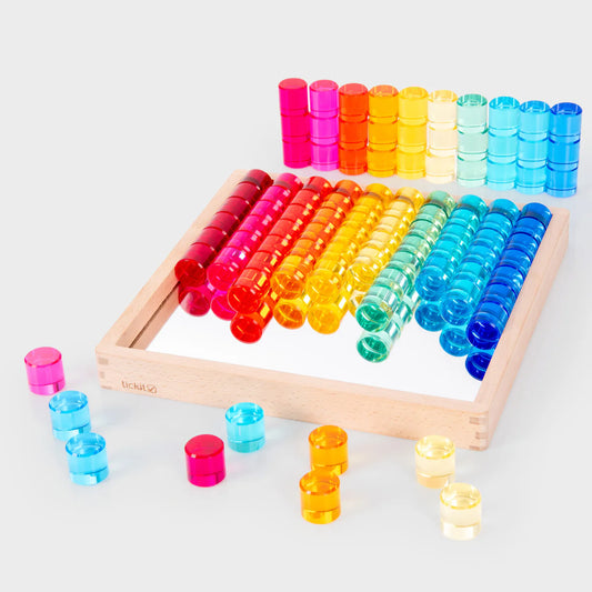 Tickit 100 pcs Gem Circle Lucite Gem Circle Blocks with Mirror Tray Rainbow Translucent Acrylic Open-ended Toy with Tray Tickit