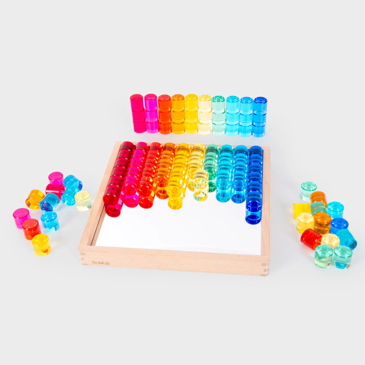 Tickit 100 pcs Gem Circle Lucite Gem Circle Blocks with Mirror Tray Rainbow Translucent Acrylic Open-ended Toy with Tray Tickit