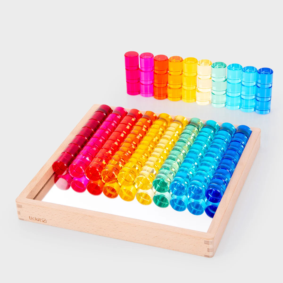 Tickit 100 pcs Gem Circle Lucite Gem Circle Blocks with Mirror Tray Rainbow Translucent Acrylic Open-ended Toy with Tray Tickit