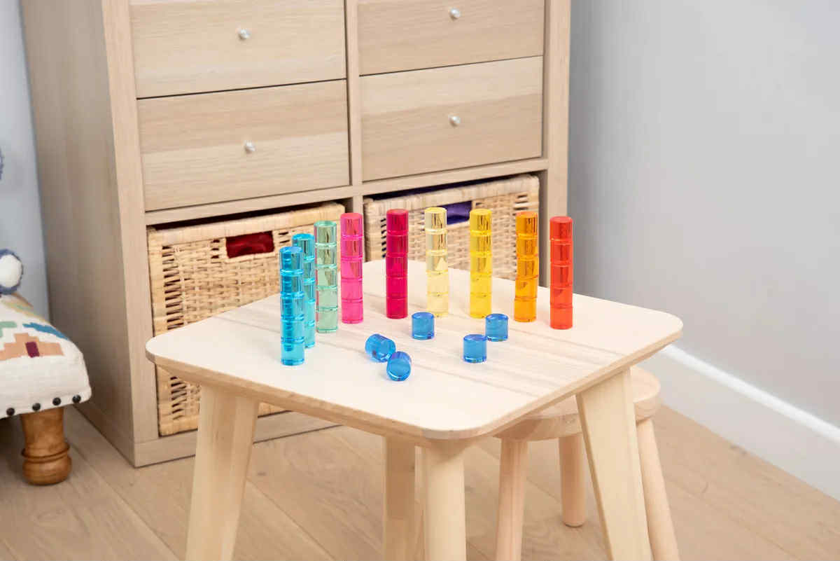 Tickit 100 pcs Gem Circle Lucite Gem Circle Blocks with Mirror Tray Rainbow Translucent Acrylic Open-ended Toy with Tray Tickit