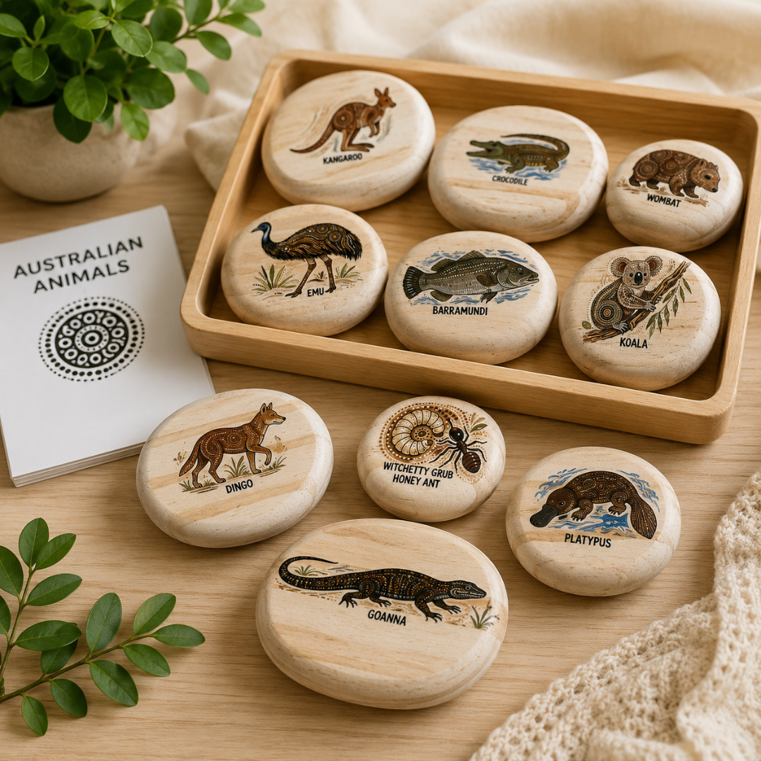 Australian Animals Set of 10 Wooden Pebble Blocks with Aboriginal Inspired Art NAIDOC Week Childcare Learning Materials