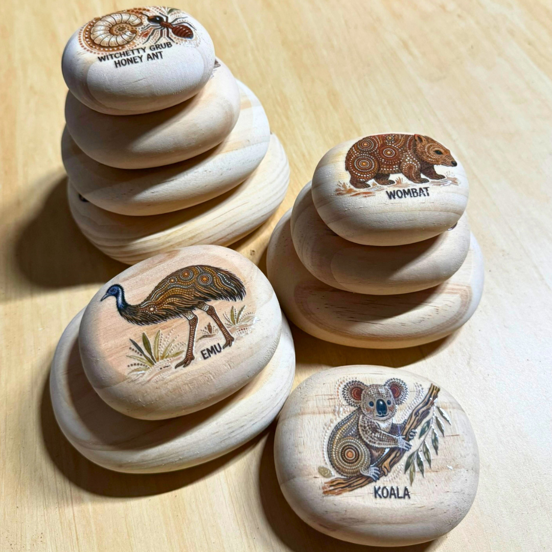 Australian Animals Set of 10 Wooden Pebble Blocks with Aboriginal Inspired Art NAIDOC Week Childcare Learning Materials