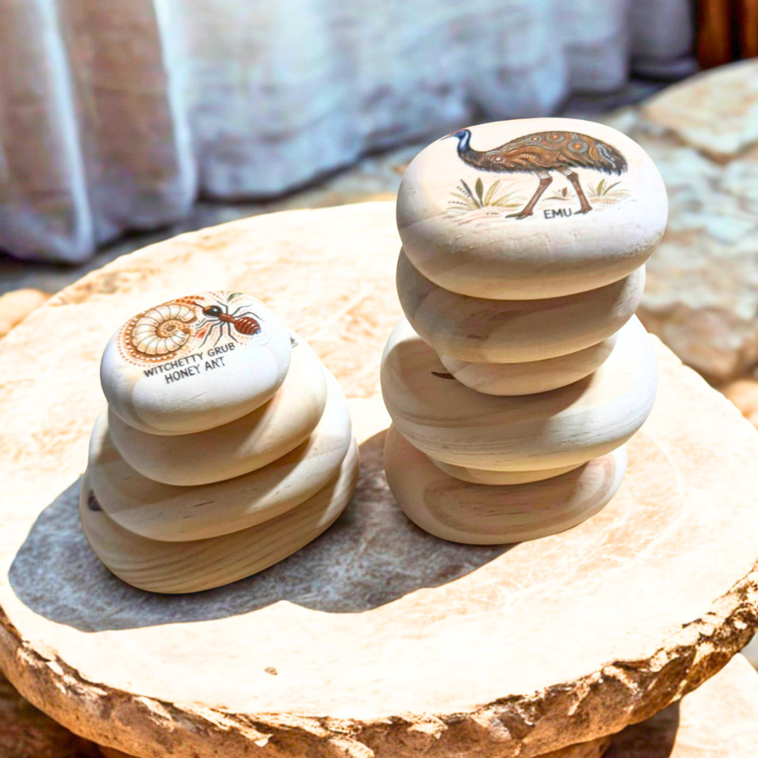 Australian Animals Set of 10 Wooden Pebble Blocks with Aboriginal Inspired Art NAIDOC Week Childcare Learning Materials