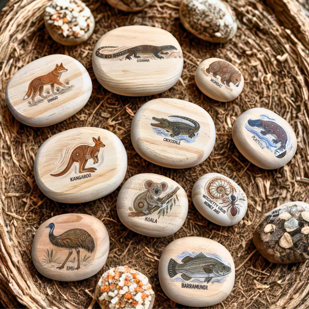 Australian Animals Set of 10 Wooden Pebble Blocks with Aboriginal Inspired Art NAIDOC Week Childcare Learning Materials