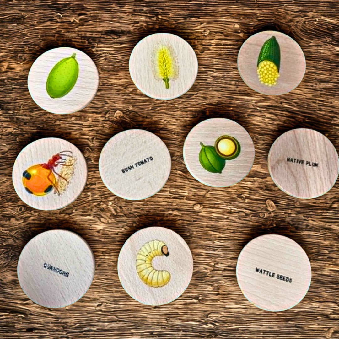 10 Pcs Australian Aboriginal NAIDOC Week Bush Tucker Food Wooden Learning Discs Childcare Materials - HAPPY GUMNUT