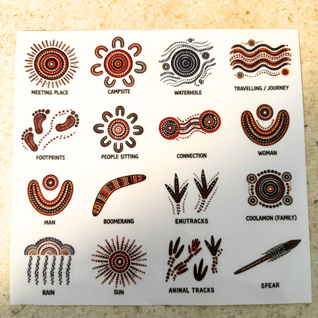 16 Aboriginal Inspired Symbol Art Wooden Peg Dolls with Meaning Cups | DIY Sticker Kit or Pre-Made | 90mm Natural Wooden Peg Dolls | Educational Toy