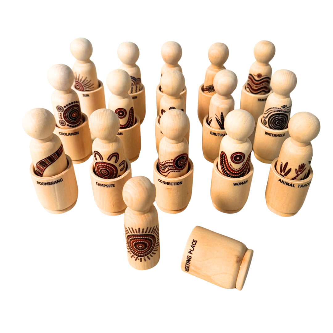 16 Aboriginal Inspired Symbol Art Wooden Peg Dolls with Meaning Cups | DIY Sticker Kit or Pre-Made | 90mm Natural Wooden Peg Dolls | Educational Toy