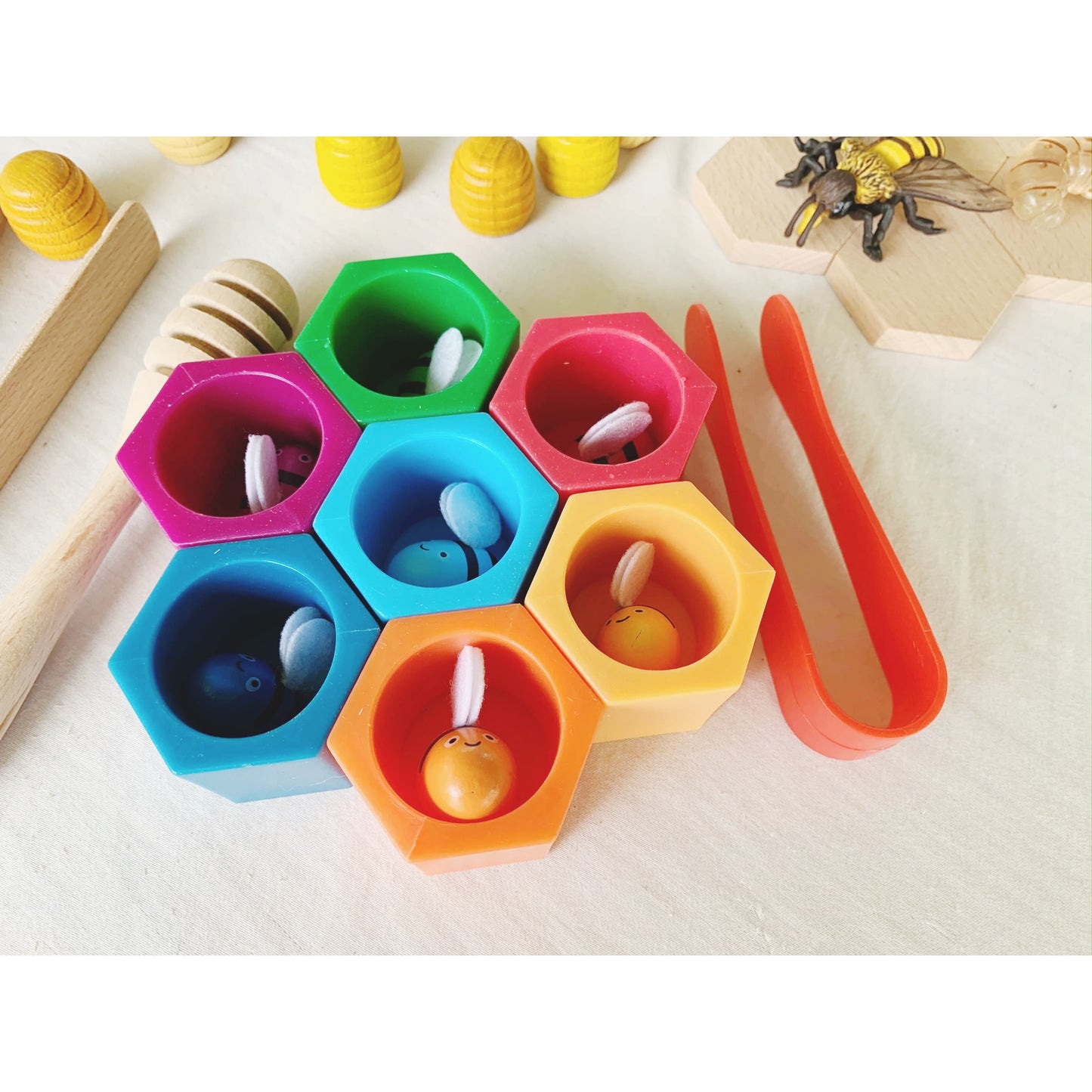 Wooden Beehives Bees Catching Game Colour Sorting Stacking Toy - HAPPY GUMNUT