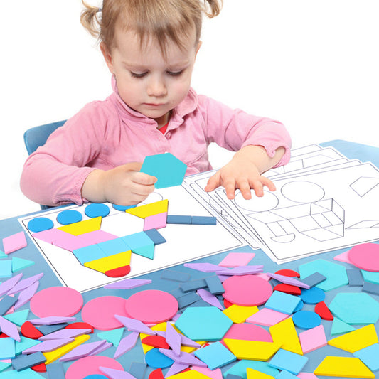 180pc  Wooden Pattern Geometric Shapes with Flash Cards Pastel Colour - HAPPY GUMNUT