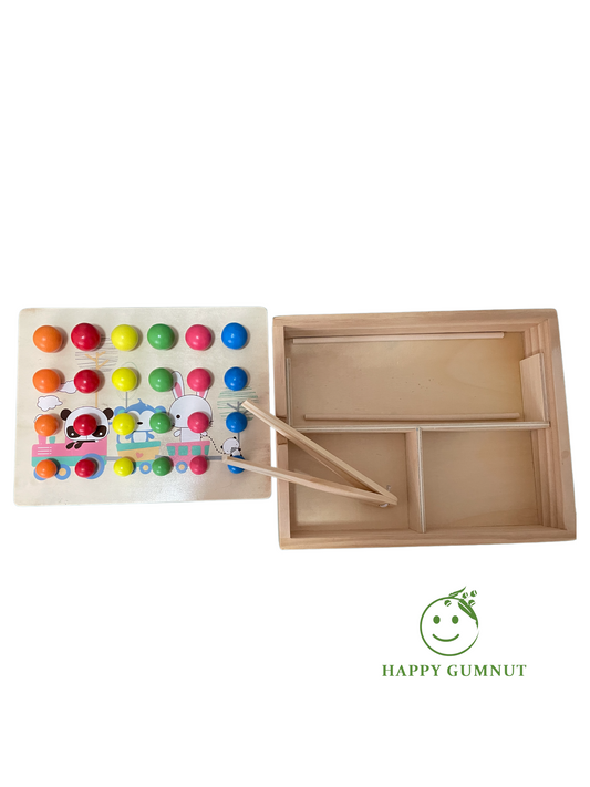 Montessori Beads Sorting Board with Wooden Storage box Tong Transfer Activity - HAPPY GUMNUT