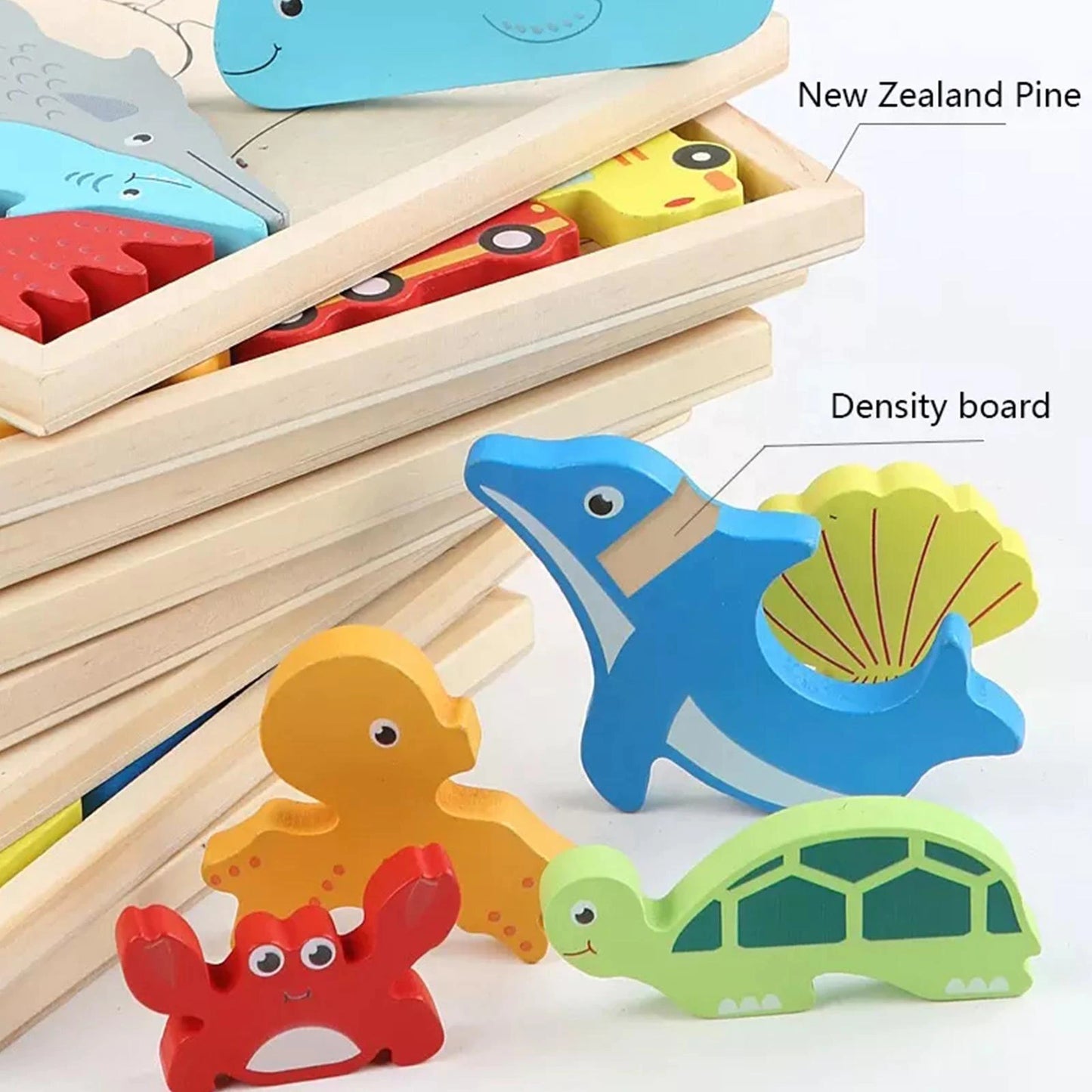 Wooden Marine Animal Puzzle With Tray Animal Block Puzzle - HAPPY GUMNUT