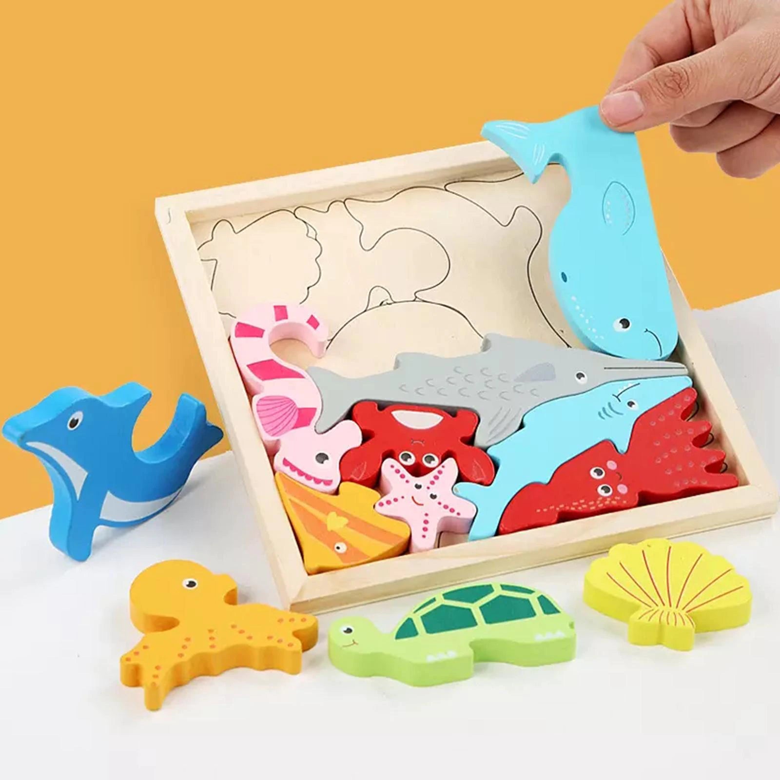 Wooden Marine Animal Puzzle With Tray Animal Block Puzzle - HAPPY GUMNUT