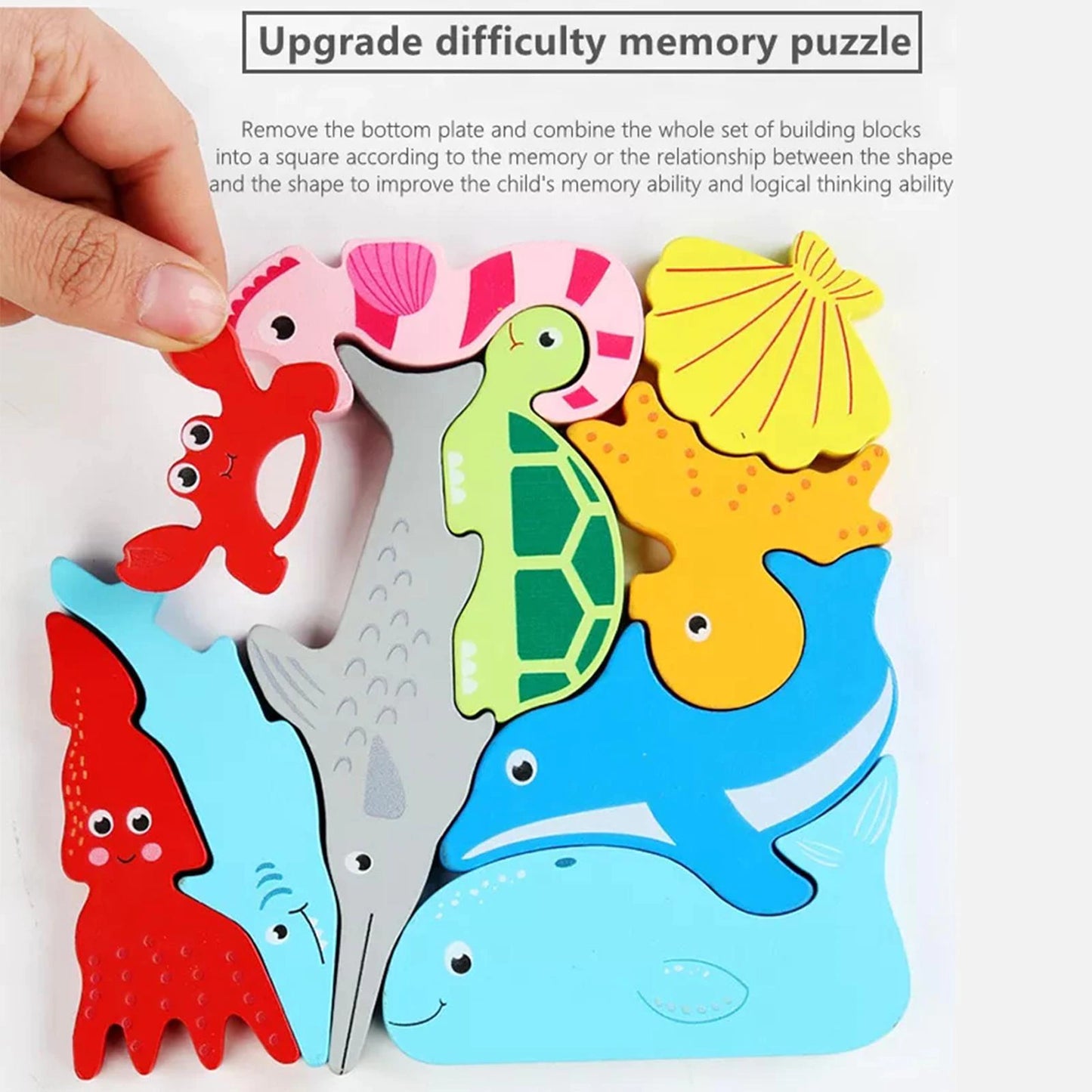 Wooden Marine Animal Puzzle With Tray Animal Block Puzzle - HAPPY GUMNUT