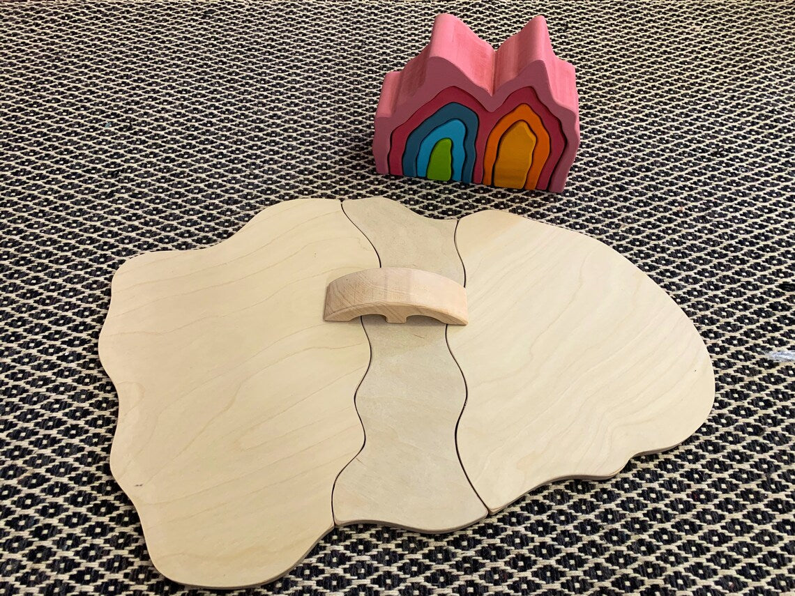 Waldorf Inspired Small World Play Wooden Base plates with river and bridge - HAPPY GUMNUT