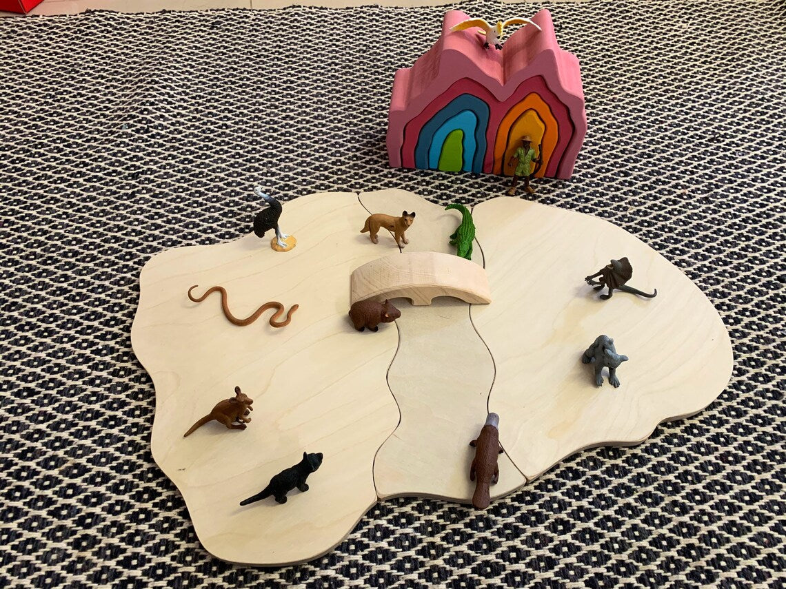 Waldorf Inspired Small World Play Wooden Base plates with river and bridge - HAPPY GUMNUT