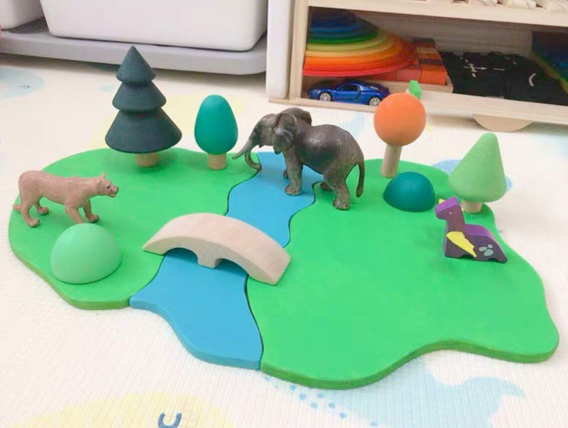 Waldorf Inspired Small World Play Wooden Base plates with river and bridge - HAPPY GUMNUT